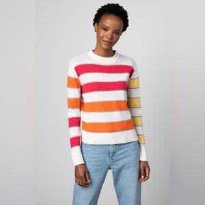 NWT Kinross- 100% Cashmere Striped Crewneck Sweater in Geranium. Size L
